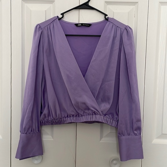 Zara satin effect draped lilac Blouse long sleeve large - Picture 2 of 9